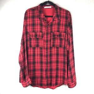 Maurices Red Black Plaid Holiday Lightweight Long Sleeve Snap Closure Shirt Top
